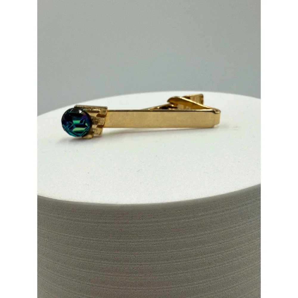 Vintage MCM Gold Tone Wing Cufflink and Tie Clip Set Aurora Borealis Glass Stone